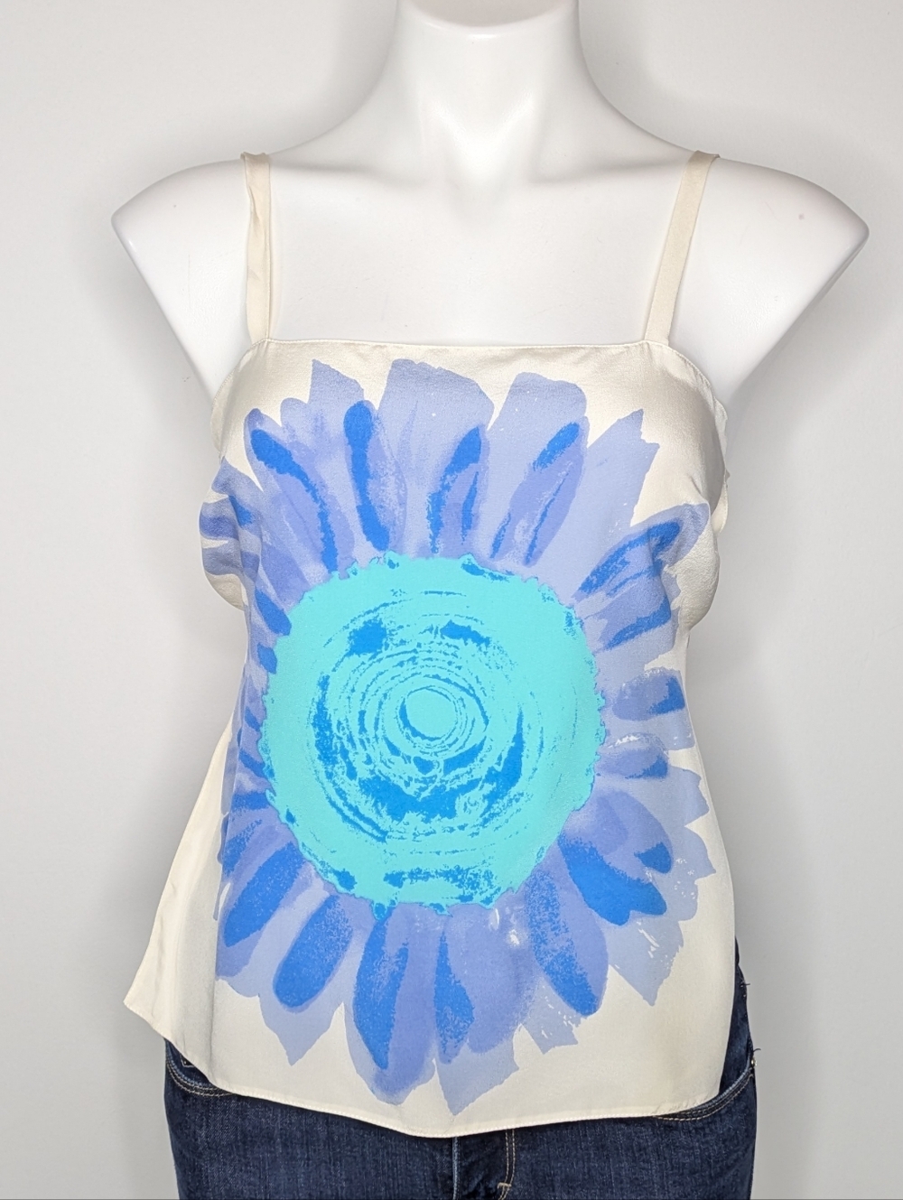 Express Off White Blue Strappy Square Neck Backless Silk Flower Tank S